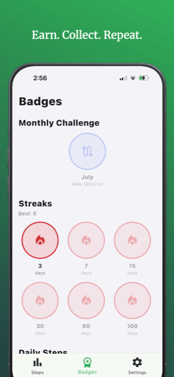Pedometer II badges screen